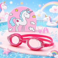 Children's Swim Goggles & Swim Cap Set, Large Frame Clear Lens, Adjustable Double Strap, Cartoon Fabric Swim Cap, With Nose Clip And Earplugs, Swimming Practice & Water Play Gear For Boys And Girls - Purple - View 4