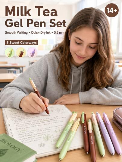4pcs/Box Milk Tea Series Retractable Gel Pens Set, CS Tip Quick-Dry Black Ink Water-Based Pens, Cute Japanese Style Smooth Writing Pens For Students, Exam Prep, School Supplies & Office Stationery