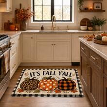 1pc Autumn Pumpkin Print Faux Cashmere Doormat, "Fall Y'all" Autumn Slogan, Three Pumpkins & Black And White Plaid Pattern Rug, Rustic Farmhouse Style Autumn Harvest Home Decor, Suitable For Entryway, Kitchen, Living Room, Bedroom - Multicolor - View 4