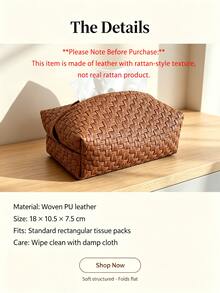1pc Woven PU Leather Tissue Box Cover, Vintage Rattan Texture Rectangular Tissue Storage Box, Suitable For Coffee Table, Restaurant, Bathroom, Car, Warm Neutral Modern Home Decor, Brown - View 3