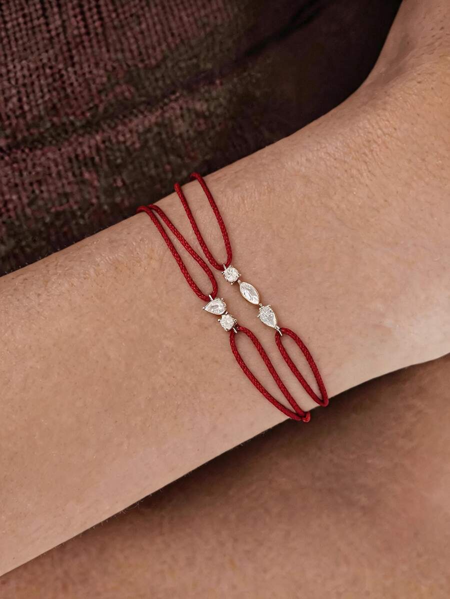 2Pcs Luxury Water Droplet Diamond Bracelet,Unique Circular Diamond With Red String Stainless Steel Bracelet,For Ladies Daily Work Decor - Multicolor - View 1