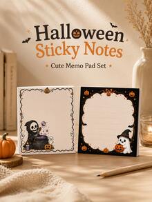 1set/1book 50pcs Witch Ghost Pumpkin Theme Halloween Sticky Notes, Multiple Black White Orange Holiday Patterns Available, Skull, Magic Pot, Pumpkin Lantern, Bat, Ghost, Star And Bow Details, Square Large Writing Area With Decorative Border Design - Multiple Styles - View 4