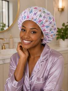 Women's Colorful Butterfly Print Satin Shower Cap, Elastic Reusable Waterproof Bath Cap, Soft Hair Protection Cap, Bathroom Sleep Hair Accessory - A - View 7