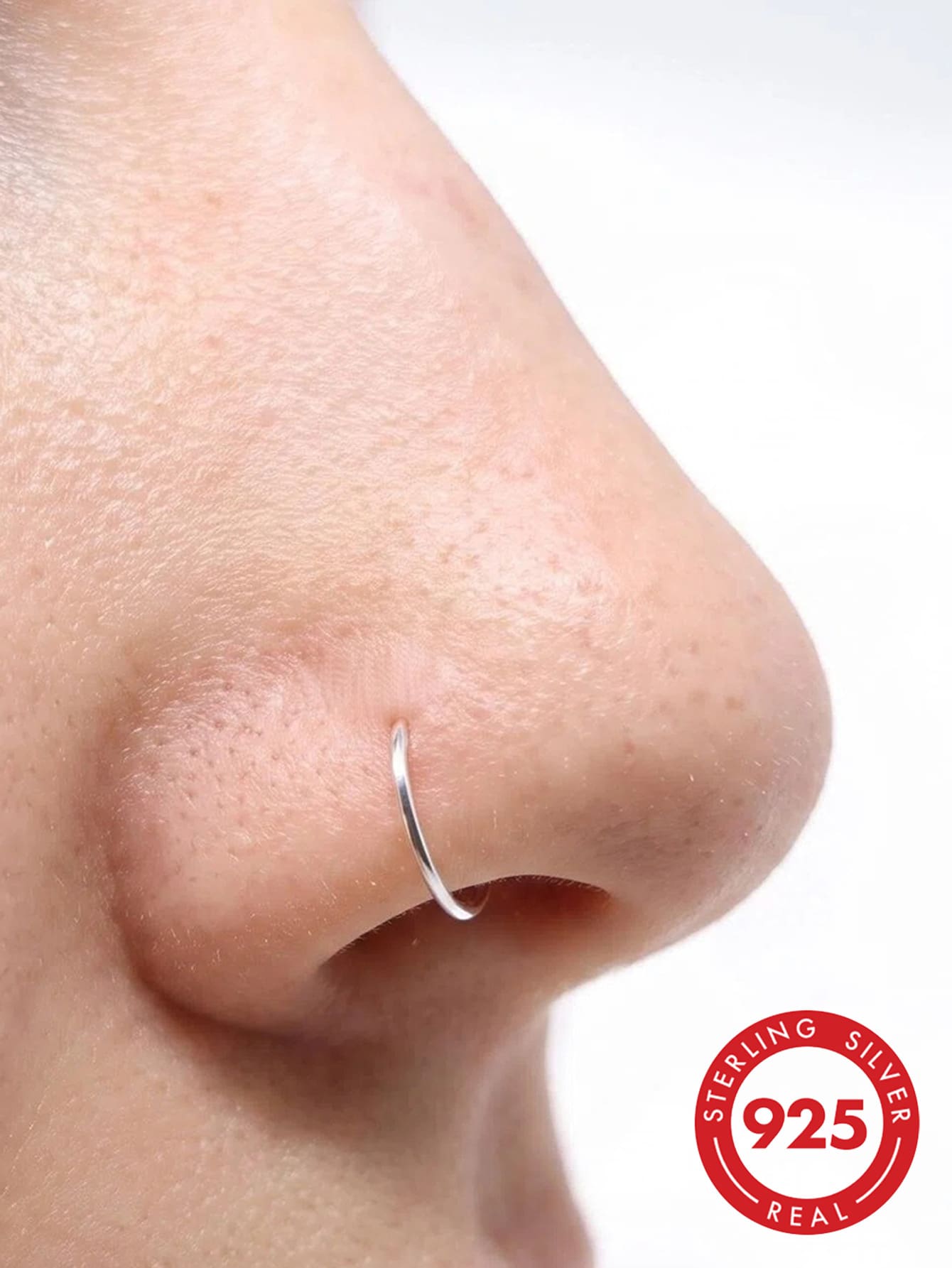1件新款熱銷 925純銀 D型仿鼻環,18G時尚免穿孔鼻飾,8mm - 銀色 - 查看 1