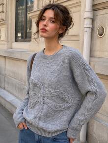 Women's Cozy Knit Bow Detail Sweater Soft Gray Long Sleeve Pullover For Fall Daily Wear - Grey - View 7