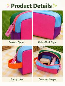 Colorblock Travel Organizer Bag, Cute Mini Zipper Storage Pouch With Handle, Portable Cosmetic Toiletry Bag, Multi-Purpose Travel Camping Dorm Bathroom Daily Storage Accessories Small Items Organizer Box - Multicolor - View 6