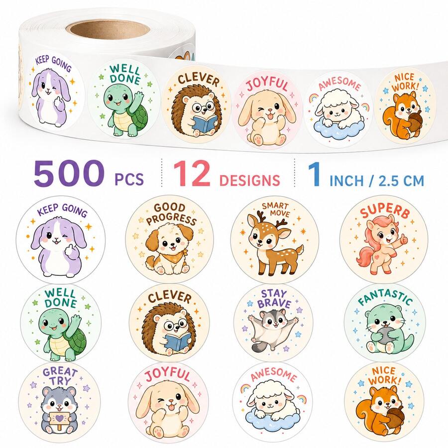 500pcs/Roll Hand-Drawn Cartoon Animal Encouragement Doodle Stickers, 1 ...