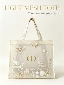 DIOR 溫柔風米色網格刺繡托特包，花卉蝴蝶蜻蜓刺繡大容量網袋，通勤上學手提購物包，旅行海灘便攜收納包，藝術氛圍單肩手提包 - 網紗刺繡托特包 - 查看 6