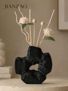 1pc Wabi‑Sabi Hollow Textured Vase, Irregular Rock‑Shape Reed Diffuser Bottle, Decorative Table Centerpiece For Dried Flowers, Living Room Bedroom Home Decor, 2 Colors - Hollow Cross Aromatherapy Bottle - View 3