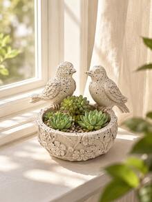 Bird-Shaped Planter, Suitable For Outdoor Indoor Garden Decor, 2 Bird Relief Planter Bowl, Yard Lawn Balcony Tabletop Plant Container, Sold Individually, Home Garden Housewarming Gift - Double Bird Flower Pot Bowl - View 8