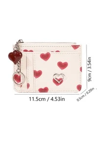 Women's Cute Y2K Red Heart Print PU Leather Card Holder With Keychain, Heart Charm & Metal Detail, Zipper Mini Wallet - White - View 2