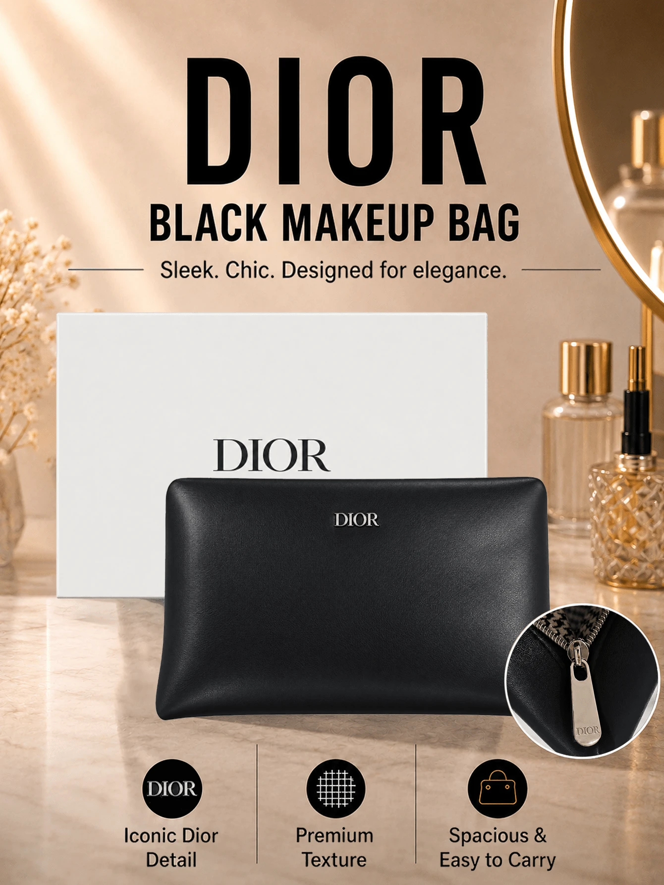 Dior Black Makeup Bag, 24.5*1.5*15.5 Cm, Portable, Large Capacity, Zipper Closure, Smooth Material, Simple And Elegant, Travel Essential