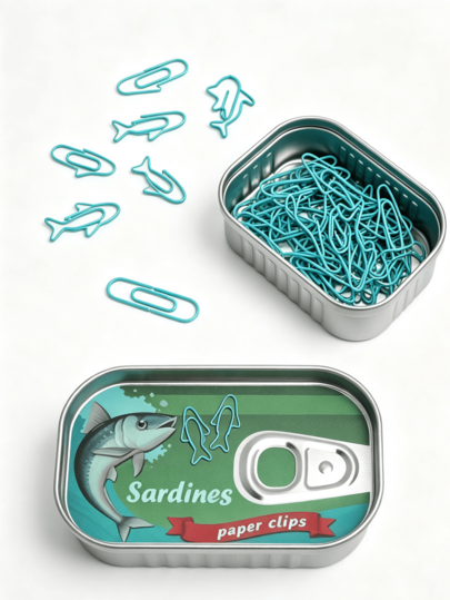 Süßes Sardinen- und Haifisch-förmiges Büroklammer-Set, kreative Metall-Büroklammern, Fisch-förmige Büroklammern, Metall-Büroklammern, lustige Büroklammern, süßes Design, Büroklammern mit Aufbewahrungsbox für Datei-Organisation, Sardinen-Stil Design Aufbewahrungs-Eisenbox, kreative Büro-Schreibtisch-Accessoires
