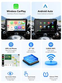 2026 Motorcycle 5-Inch GPS Car Screen, Supports Wireless CarPlay And Android Auto, IP67 Waterproof Touchscreen, GPS Navigation, Supports Wireless Connection, Siri, Voice Assistant, Voice Control, Includes Mount - CarPlay Dash Cam - View 7