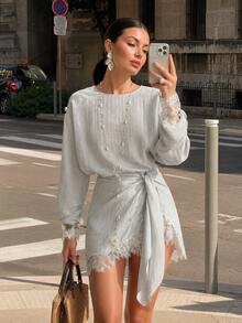 Women's Elegant 2 Pieces Set, Contrast Color Lace Detail Round Neck Long Sleeve Top With Bodycon Mini Skirt, Casual Cute Style Spring/Autumn Women's 2 Pieces Set - Dusty Blue - View 2