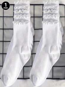10 Pairs Women's Black & White Mixed Color Ruffle Edge Casual Versatile Mid-Calf Socks, Odor-Resistant, Sweat-Absorbent, Comfortable, Suitable For Students, Adults, Daily Wear, Gift - White - View 17