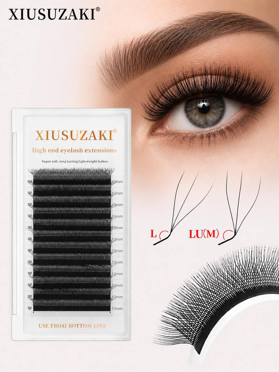 XIUSUZAKI 12 Rows L/LU Curl 3D W Shape Eyelash Extension Cat Eye False Eyelashes Hand Woven Soft Light Natural Lashes Premade Volume Fan Eyelashes Elongated Winged Individual Lashes Beginner-Friendly Applicable For Daily Life, Parties
