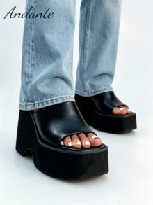 Niche Design Wavy Wedge Platform Slippers For Women, Square Toe Height-Increasing Slimming Black Slide Sandals For Outdoor Wear - Black - View 1