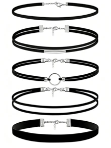 Multi-Piece Gothic Lace Women's Vintage Japanese Korean Style Multi-Layer Choker Black Gothic Short Necklace Collarbone Chain Set, Halloween Matching Decorative Necklace - Multicolor - View 2