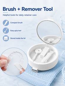 3-In-1 Denture & Retainer Storage Case With Mirror And Cleaning Brush, Soaking Box With Basket Filter, Essential For Braces, Portable Travel Accessory - Multicolor - View 6