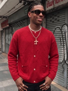 ANDREILEE Men's Cardigan, Fashion Solid Color Minimalist Button-Up Round Neck Long Sleeve Loose Ribbed Knit Sweater Jacket, Casual Commute Home Wear, Autumn/Winter - Red - View 3
