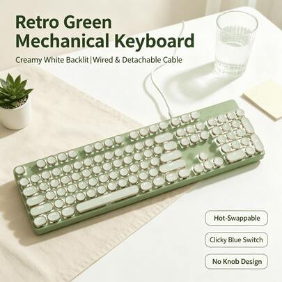 Retro Green Round Punk Keycaps Mechanical Keyboard, Hot-Swappable Blue Switch Wired Keyboard With Creamy White Backlight, Detachable Cable, Clean Minimalist Layout, Aesthetic Office Gaming Keyboard For PC Laptop
