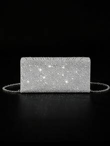 Women's Evening Clutch Bag With Rhinestones, Chain Shoulder Bag, Luxury Rhinestone Necklace, Earrings, Bracelet Jewelry Set, 4pcs - Silver - View 3