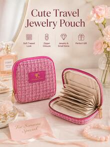 1pc Essential Tweed Portable Jewelry Storage Bag, Aesthetic Zipper Small Cosmetic Pouch, Compartment Organizer Box, Suitable For Necklaces, Earrings, Rings, Bracelets, Lipsticks, Travel And Home Use - Multicolor - View 8