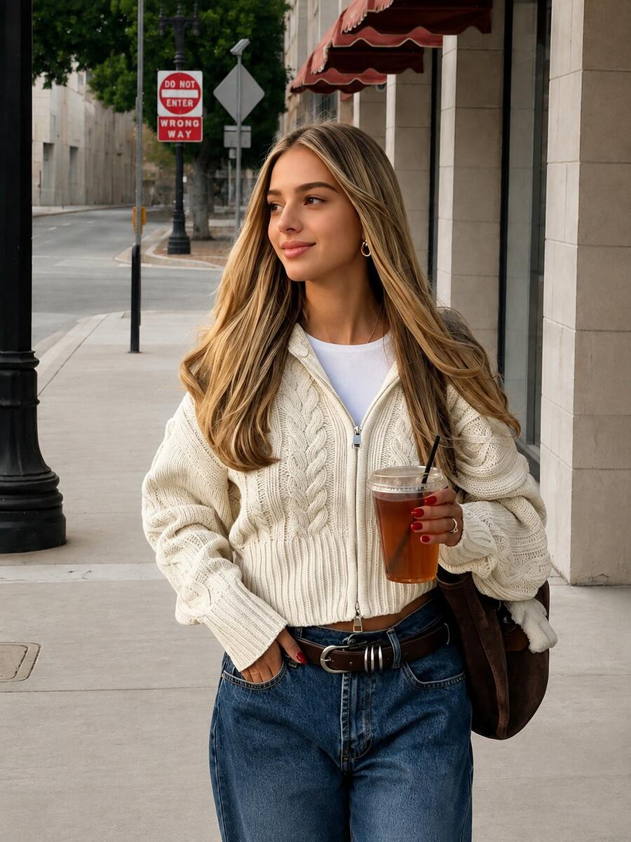 Autumn/Winter New Vintage Oversized Lapel Double Zipper Cable Knit Cardigan, Loose Drop Shoulder Casual Short Commuter Sweater - Apricot - View 1