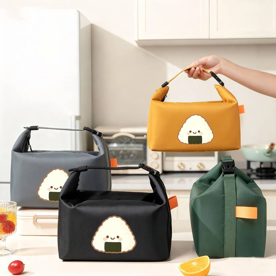 1pc Multi-Color Cute Smiling Face Rice Ball Print Lunch Bag, Insulated Bento Box Bag, Handheld Storage Bag, Thickened Large Capacity Portable Lunch Bag For Students, Office Workers, Moms, Commuting, Picnic And Outdoor