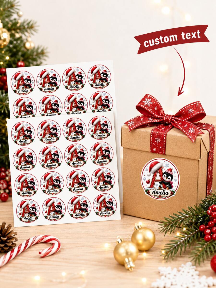 216-20pcs Personalized Christmas Name Round Stickers, Cute Penguin Initial Labels With Red Glitter Letters, Snowflakes And Santa Hats, Festive Gift Box Seals For Candy Bags, Cookie Packaging, Holiday Parties, Gift Exchanges And Christmas Decorations - Multicolor - View 1