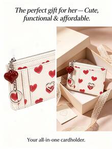Women's Cute Y2K Red Heart Print PU Leather Card Holder With Keychain, Heart Charm & Metal Detail, Zipper Mini Wallet - White - View 10