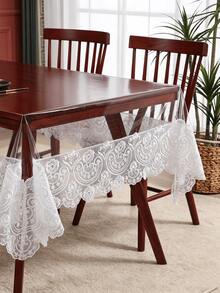 1pc Transparent PVC Tablecloth With White Lace Trim, Waterproof, Oil-Resistant, Easy To Clean, Home Dining Table Cover - White - View 5