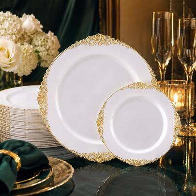 10/25/50pcs Minimalist Vintage Lace Plate Set, 10.25in+7.5in Premium Heavy Duty Dinnerware Set, Suitable For Various Theme Events, Parties, Weddings, Birthdays, Valentine's Day, Easter, Christmas, Halloween, Holiday Parties