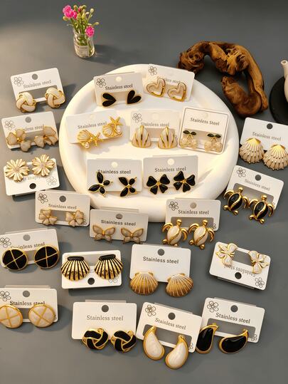 Juego de 24 piezas de pendientes de acero inoxidable con esmalte negro para mujeres, joyería de uso diario para damas