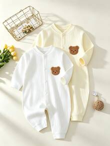 2pcs Baby Jumpsuit, Yellow & White Embroidered Bear Pattern, Newborn , Suitable For All Seasons - Multicolor - View 1