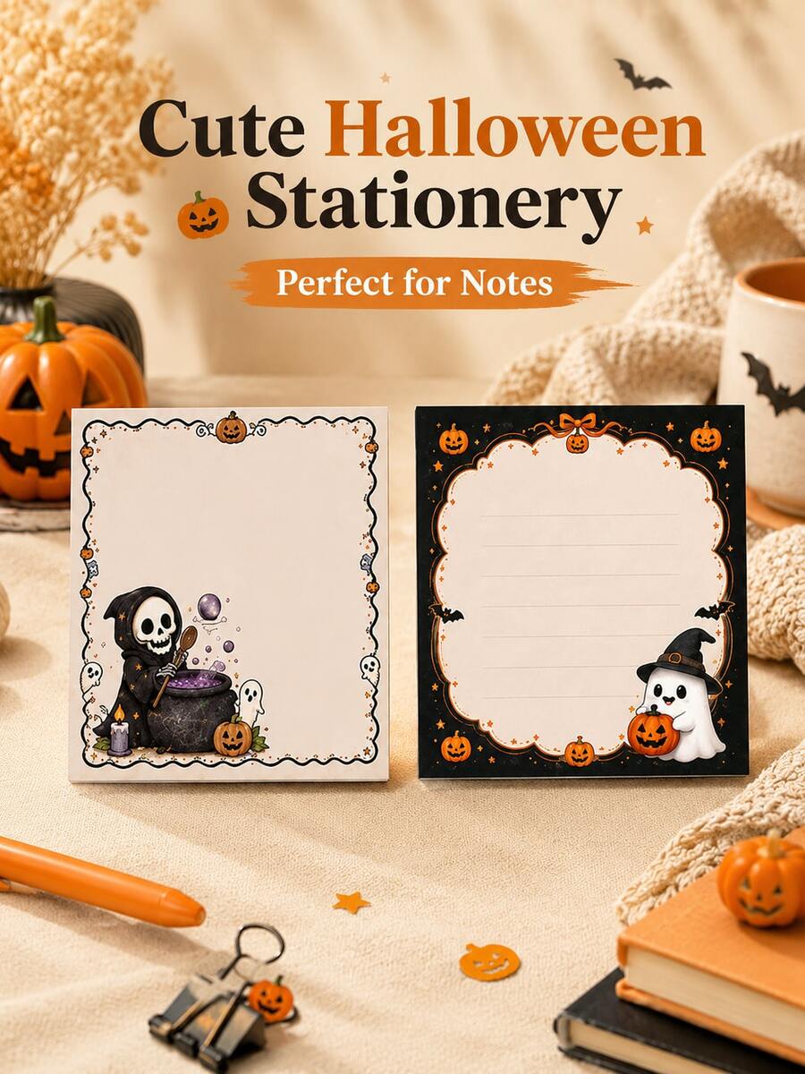1set/1book 50pcs Witch Ghost Pumpkin Theme Halloween Sticky Notes, Multiple Black White Orange Holiday Patterns Available, Skull, Magic Pot, Pumpkin Lantern, Bat, Ghost, Star And Bow Details, Square Large Writing Area With Decorative Border Design - Multiple Styles - View 1