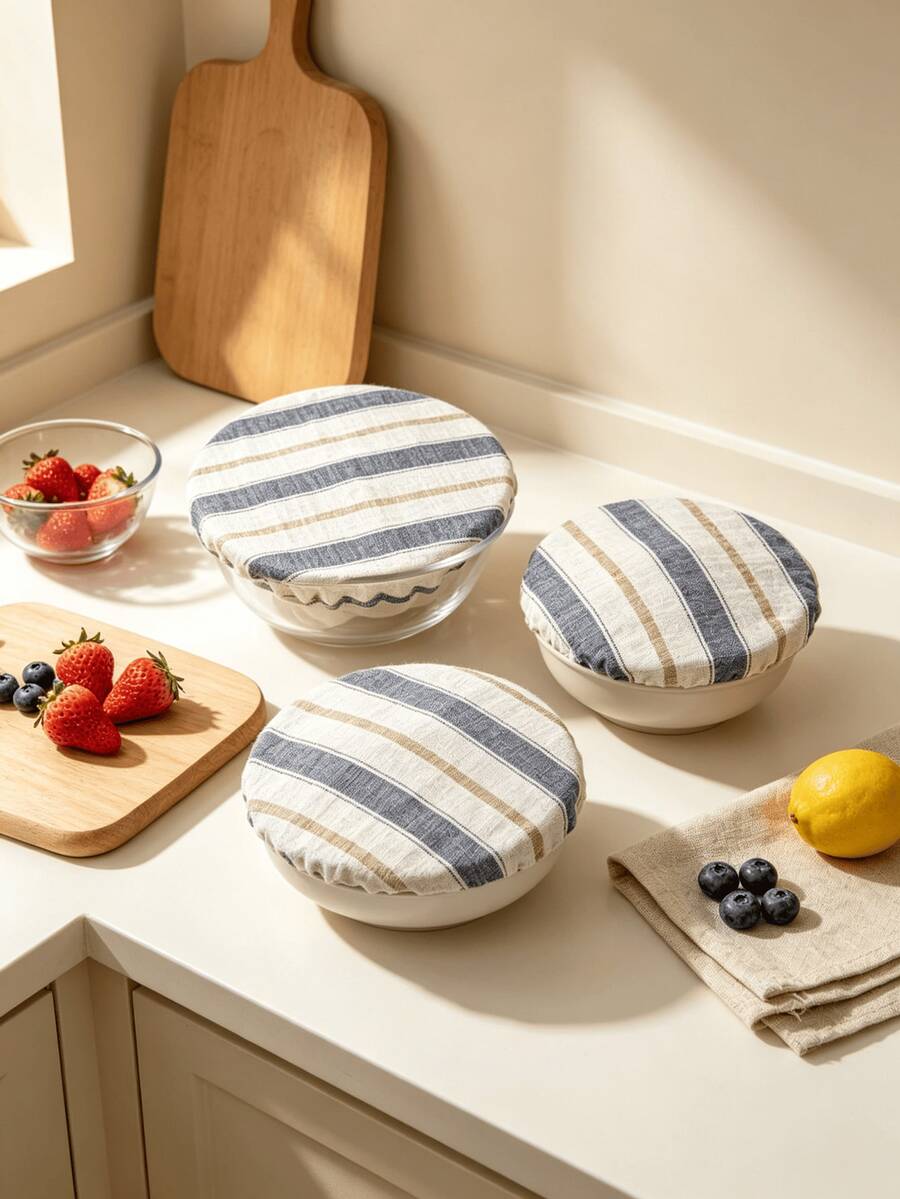 1pc Reusable Bowl Covers Striped Cotton Linen Fabric Elastic Bowl Lid Reusable Food Storage Covers For Salad Bowls Containers Kitchen Food Preservation Dustproof Bowl Wraps 5 Sizes Available