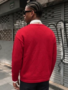 ANDREILEE Men's Cardigan, Fashion Solid Color Minimalist Button-Up Round Neck Long Sleeve Loose Ribbed Knit Sweater Jacket, Casual Commute Home Wear, Autumn/Winter - Red - View 5