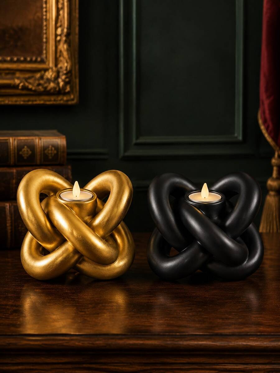 1pc Modern Abstract Knot Tea Candle Holder, Gold And Black Decorative Elements, Suitable For Dining Table, Coffee Table, Fireplace Mantel, Living Room And Bedroom Decor, Also Great As Housewarming Gift - B - View 1