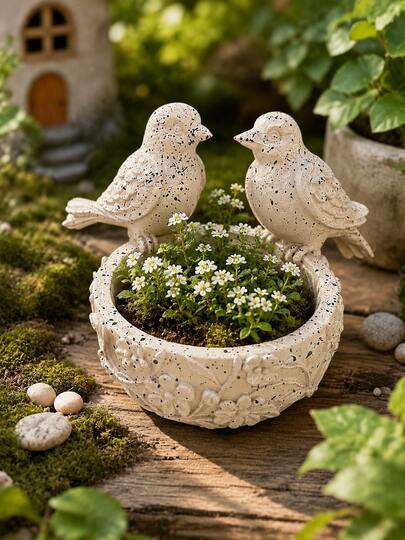 Bird-Shaped Planter, Suitable For Outdoor Indoor Garden Decor, 2 Bird Relief Planter Bowl, Yard Lawn Balcony Tabletop Plant Container, Sold Individually, Home Garden Housewarming Gift