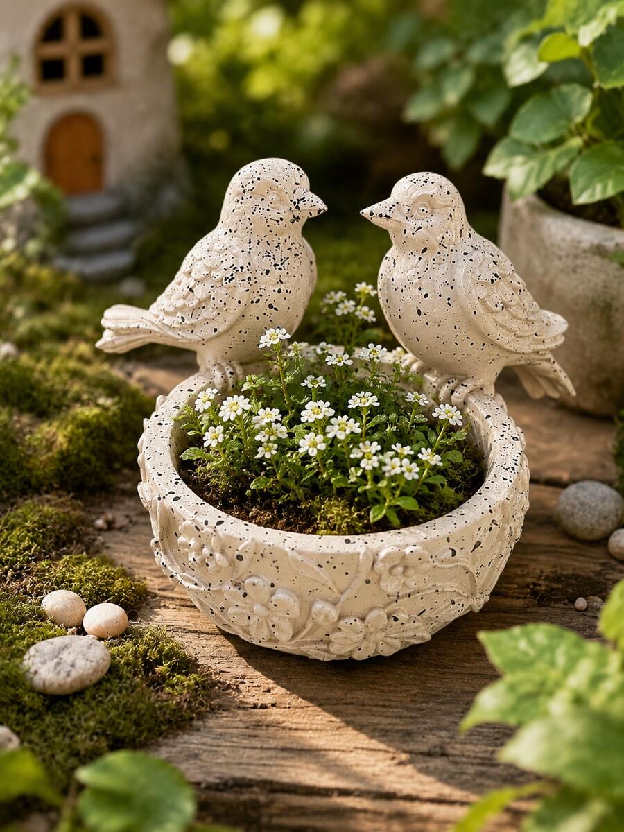 Bird-Shaped Planter, Suitable For Outdoor Indoor Garden Decor, 2 Bird Relief Planter Bowl, Yard Lawn Balcony Tabletop Plant Container, Sold Individually, Home Garden Housewarming Gift - Double Bird Flower Pot Bowl - View 1