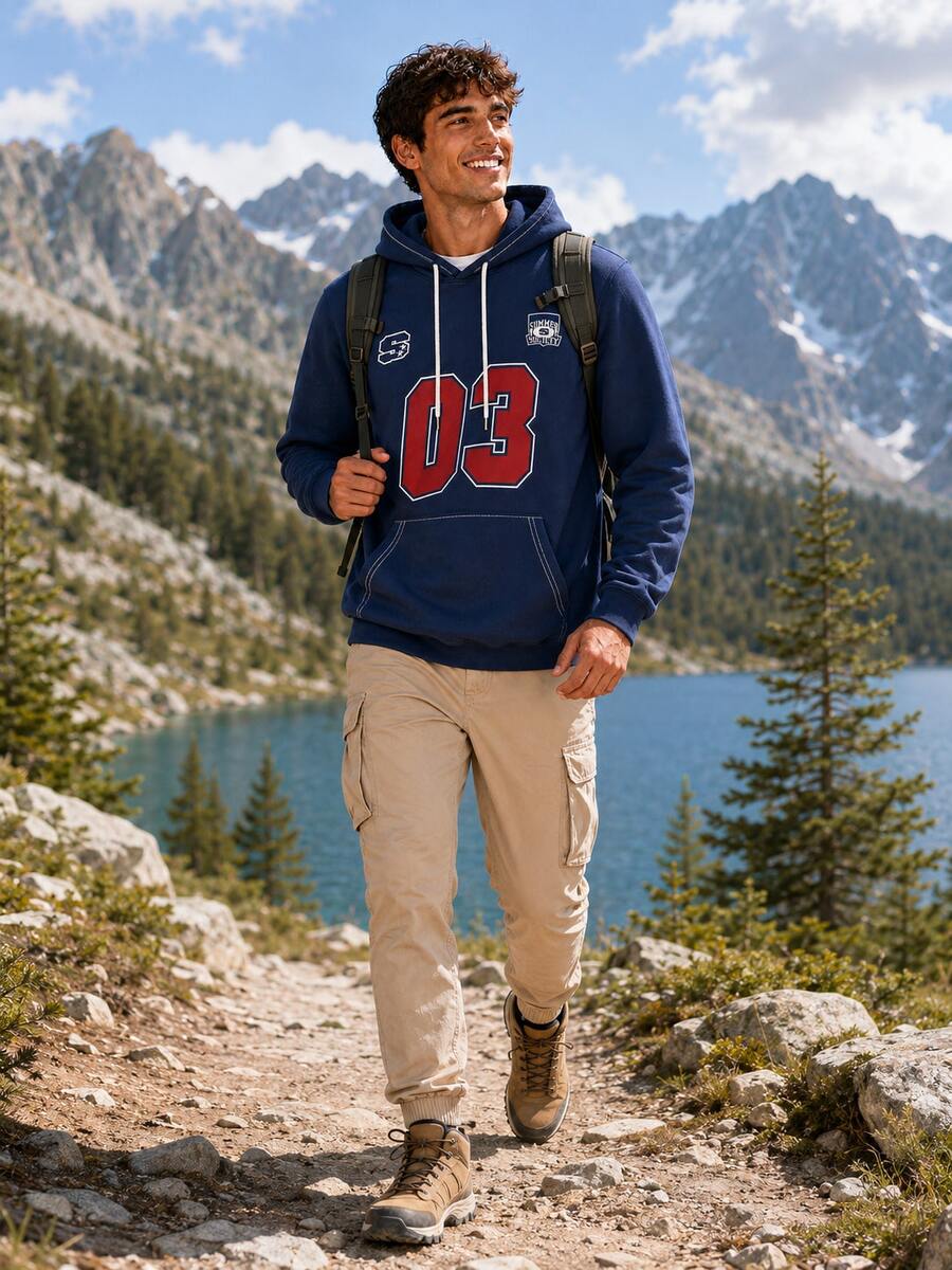 Men's Retro Sports Style 03 Number & Letter Logo Print Sweatshirt, Long Sleeve Drawstring Pocket Daily Streetwear Pullover - Navy Blue - View 1