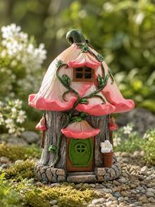 Pink Fairy Garden House Miniature, Flower Cottage Micro Landscape Ornament, Cottagecore Fairycore Decor For Bonsai, Terrarium, Flower Pot, Desktop, Bookshelf, Balcony, Patio, Yard Garden, Whimsical Home Decor Gift - A - View 1