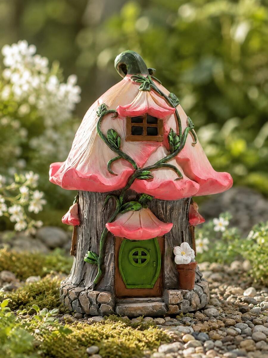 Pink Fairy Garden House Miniature, Flower Cottage Micro Landscape Ornament, Cottagecore Fairycore Decor For Bonsai, Terrarium, Flower Pot, Desktop, Bookshelf, Balcony, Patio, Yard Garden, Whimsical Home Decor Gift - A - View 1