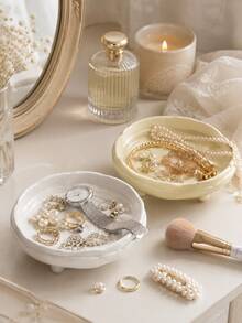 1pc Cream Style Vanity Storage Tray, Round With Feet Cosmetic Organizer, Elegant Jewelry Storage Tray For Rings, Earrings, Watches, Perfume And Small Accessories, Vanity Bedroom Bathroom Countertop Decor - Multicolor - View 1