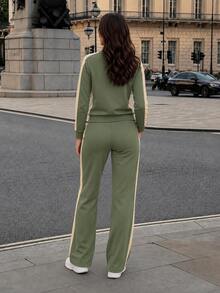 Women's Casual 2 Pieces Sportswear Set, Round Neck Long Sleeve Top With Wide Leg Pants, Spring Autumn Winter Daily Wear, Youthful Style - Green - View 5