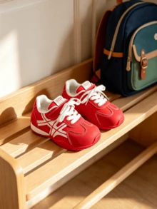 1 Pair Chic Contrast Stripe Kids Retro Casual Sneakers Cute Hook And Loop Children Flat Shoes For School Daily Stroll Weekend Outing - Red - View 2