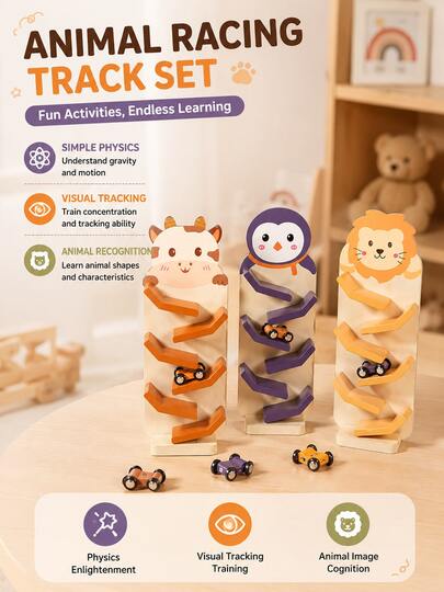 Wooden Cartoon Animal Gliding Track Toy With Gravity-Powered Cars – An Educational Toy For Visual Tracking, Focus, And Early Learning