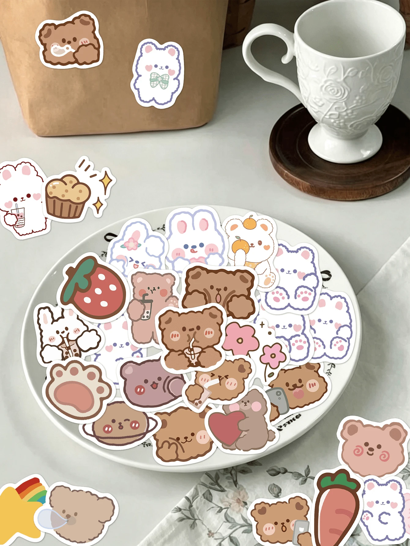 90pcs Cartoon Bear And Rabbit Stickers, Cute Fresh Pattern, Suitable For Decorating Water Bottles, Phone Cases, Scrapbooks, Notebooks, Skateboards, Helmets, Guitars, Etc., Multi-Purpose Decorative Stickers, DIY Gift Packaging Materials, Birthday Gifts - Multicolor - View 1